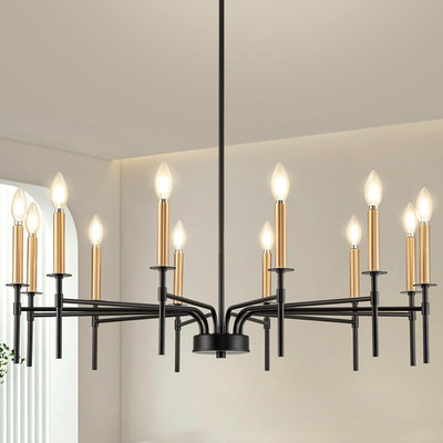 Modern Farmhouse 12-Light Black and Gold Chandelier for Dining Room & Entryway