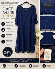 Chris McLaughlin 24W Navy Lace A-Line Dress Scoop Neck Lined Elegant Plus