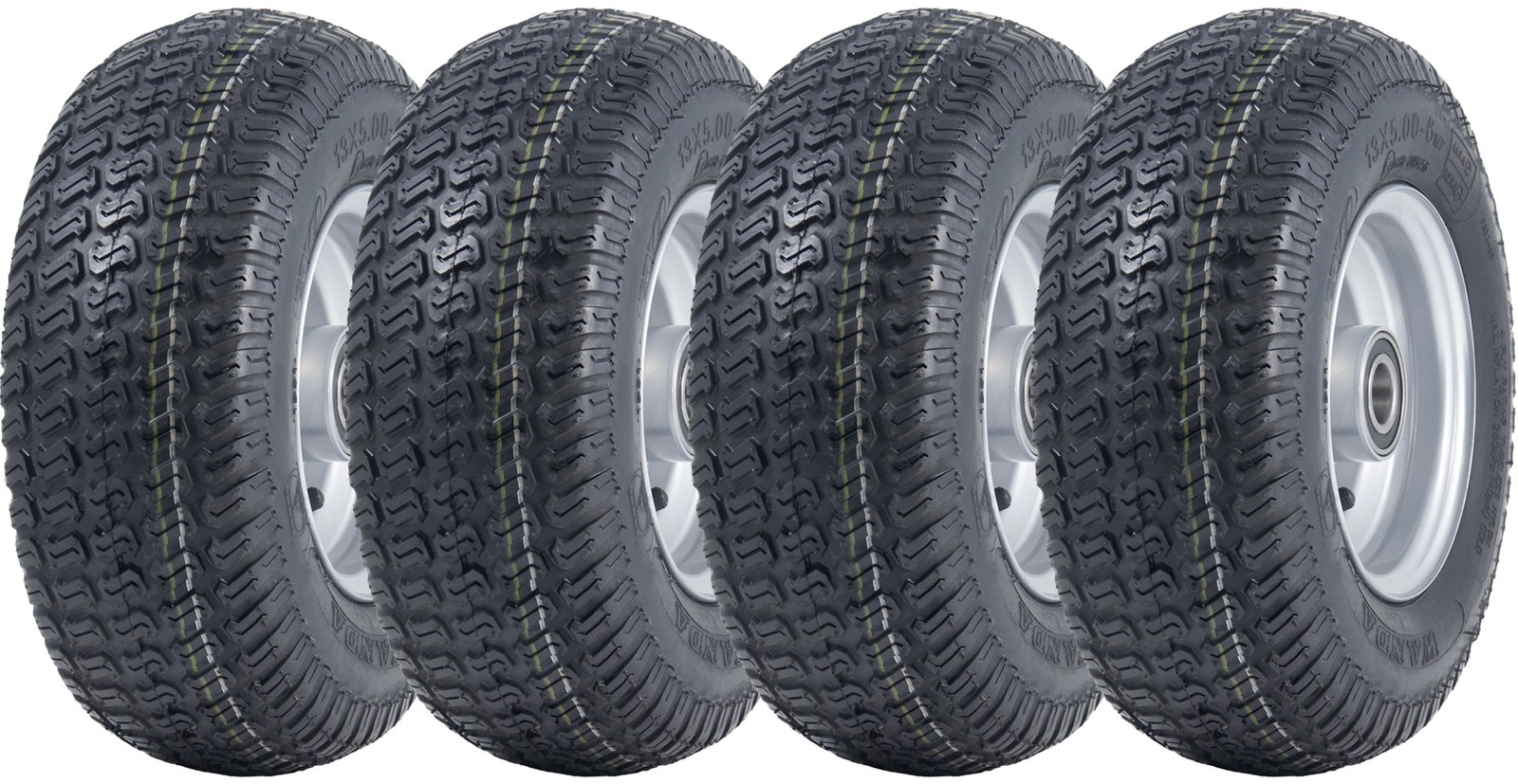 13x5.00-6 Grass Lawnmower Tyres & Rims Wanda P332- 25mm 6205 Bearings (Set of 4)