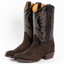 Genuine Leather Exotic Python Snakeskin Print Round Toe Western Boots - Brown