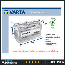 AGM Car Battery A6 Varta 110 AGM 800A 80Ah 5Yr Warranty 315x175x190 Start Stop