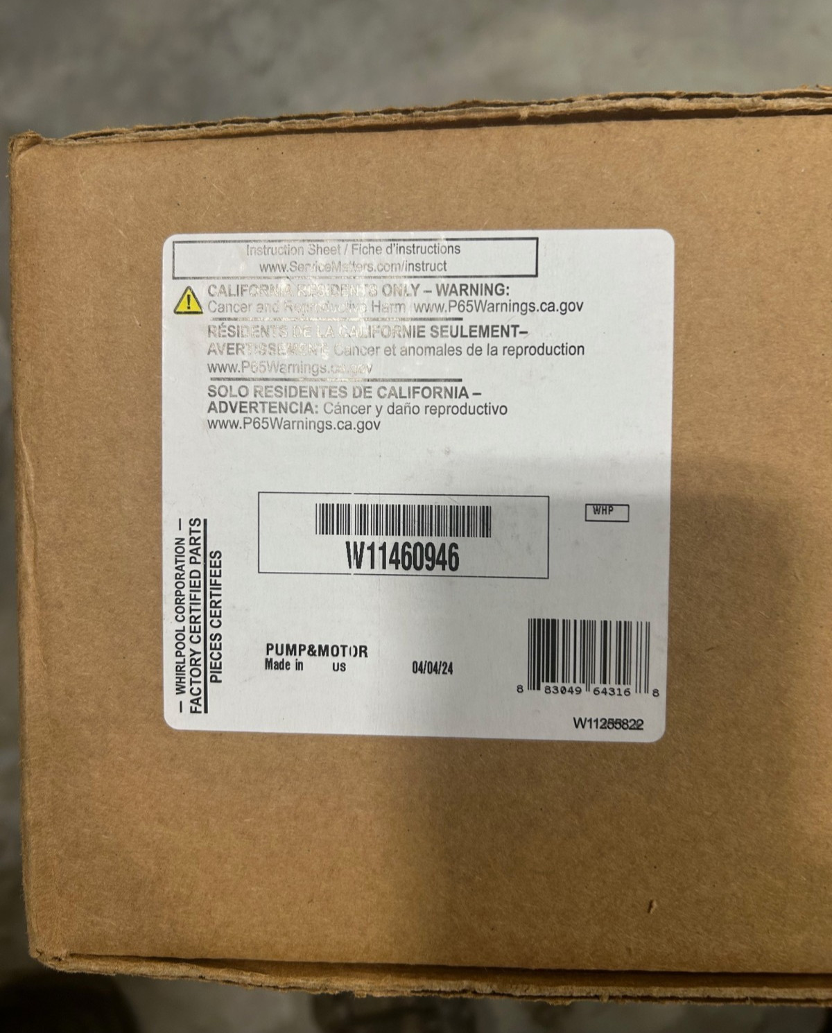 New In Box Whirlpool OEM Dishwasher Pump & Motor Assembly W11460946