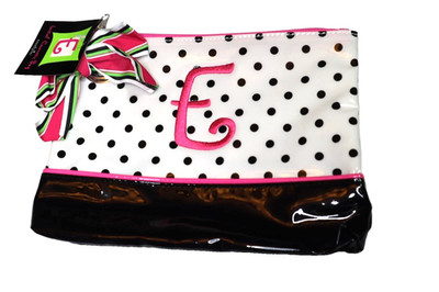 Mud Pie Monogram Cosmetic Bag Letter E Make-Up Pouch Black/White/Pink Embroidery