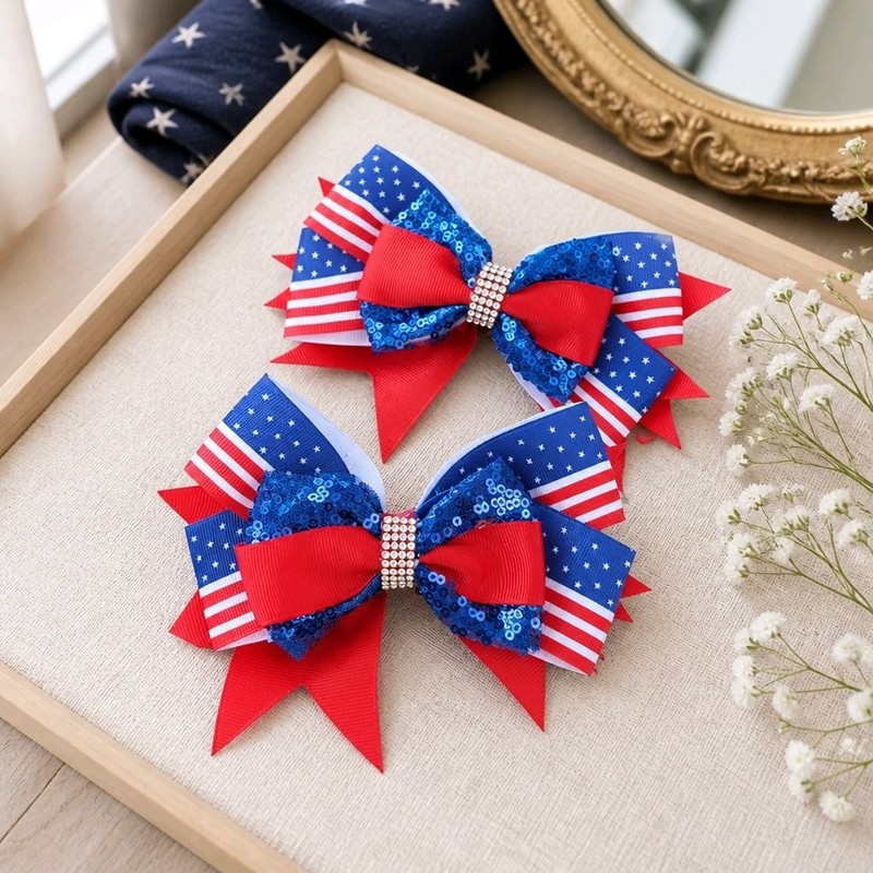 Patriotic Hair Bows 4th of July Red White Blue Hair Accessories Girls Rhinestone