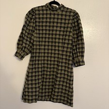 GANNI Shift Dress Green Black Plaid High Neck Puff 3/4 Sleeve Size 42 large 