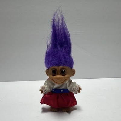 Troll Doll Girl Purple Straight Hair Black Eyes Plastic Red Skirt White Top