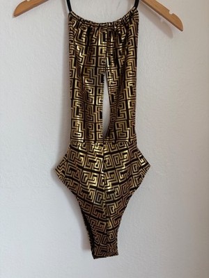 VTG Masoumi HOSS Interational Large Geometeric Gold One Piece Halter Swimsuit