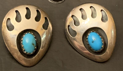 Vintage Native American Sterling Silver Navajo Turquoise Bear Paw Earrings