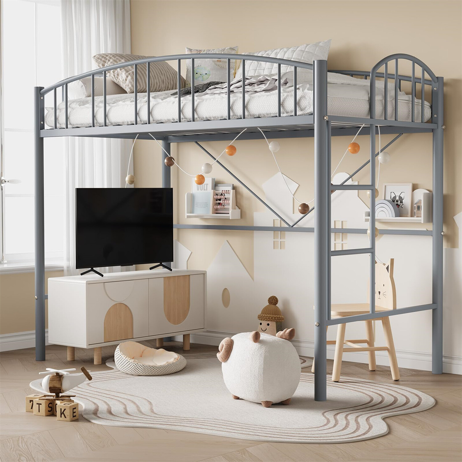 🔥Loft Bed Twin Size Heavy Duty Metal Loft Bed Frame with Arched Guardrail Ladde