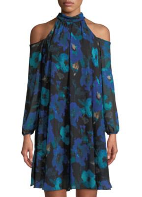 Karl Lagerfeld Blue High Neck Cold-Shoulder Floral A Line Dress Sz 4 L77853