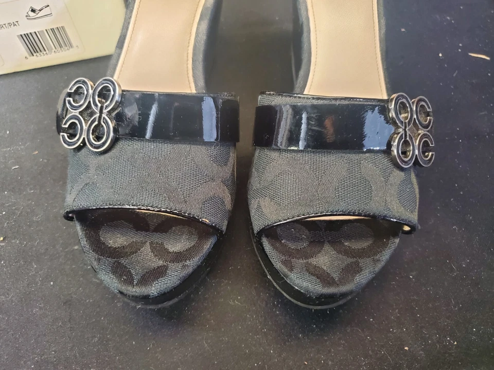 Coach Women's Geri Wedge Slide Sandals Heels Sz 7.5M Black Patent Leather Canvas - Image 3 of 4