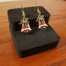 Christmas Bell Earrings Retro Style Enamel Red With Rhinestones Dangle Drop New