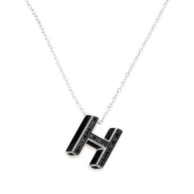1/4 ctw echter schwarzer Diamant ''H'' Initiale Anhänger Halskette in Sterlingsilber
