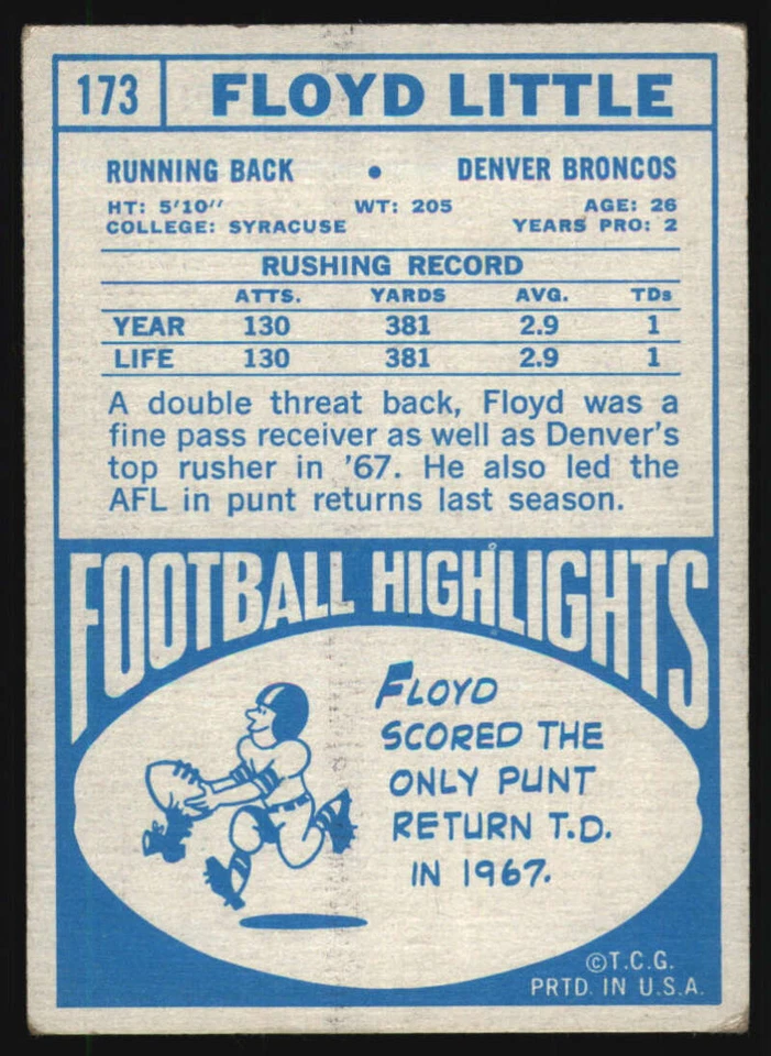 1968 Topps #173 Floyd Little VG/VGEX RC Rookie Broncos 576417 - Image 2 of 2