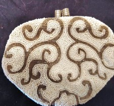 Vintage 1930's Beaded Small Evening Bag, White, Off-White and Bronze Seed Beads