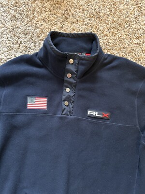 RLX Ralph Lauren Fleece Pullover USA Flag Quarter Zip Mock Neck