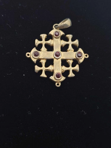 Vintage Jerusalem Cross Pendent Gold Tone Red Rhinestones Costume Jewelry 1" W