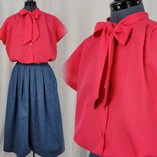 Vintage Laura Mae Berry Red/Pinkish S/S Blouse w Tie Collar Size 16