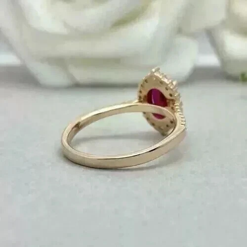 2.00 Ct Oval Cut Lab Created Red Halo Engagement Ring 14k Yellow Gold Plated - Image 3 of 4