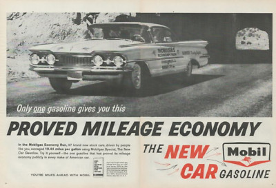 1959 Mobil Gasoline Proved Mileage Economy Run LA CA to KC MO 2 Page Print Ad