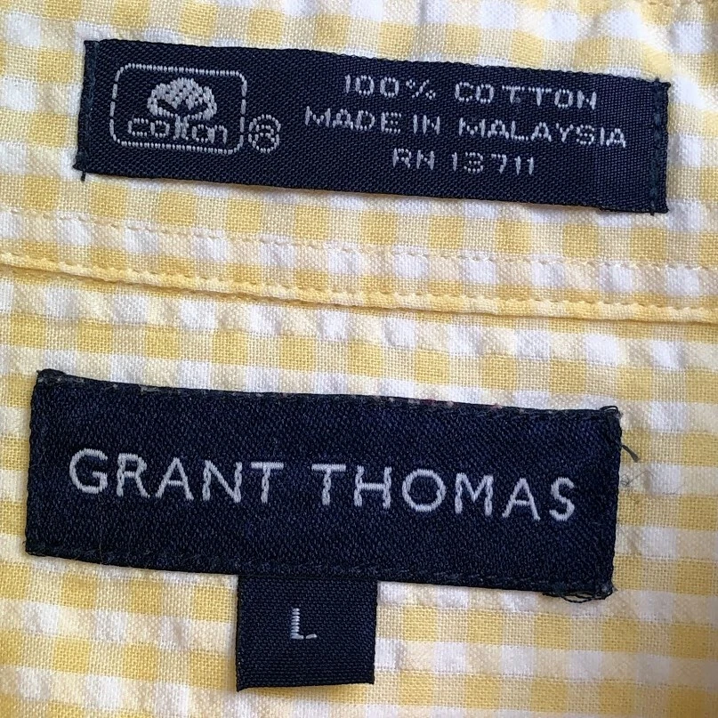 Grant Thomas 纽扣衬衫男式 L 码黄色白色格子泡泡纱夏季 — 第 4/4 张图片