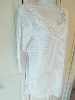 New Casual Express Women's Tunic Top Burnout Crochet Ovrly White 3/4 Slve Size L