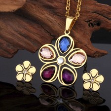 Lady Jewelry Set Stainless Steel Color Stone Pendant Necklace Earring Studs