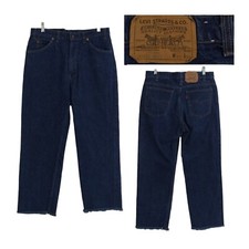 Vintage 80s Orange Tab Levis 509 USA Frayed Bottoms Dark Blue Cotton Jeans 34X27