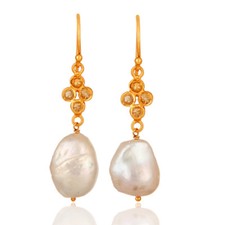 Handmade 925 Silver Pearl Citrine Gemstone Dangle Earrings - Gold Plated