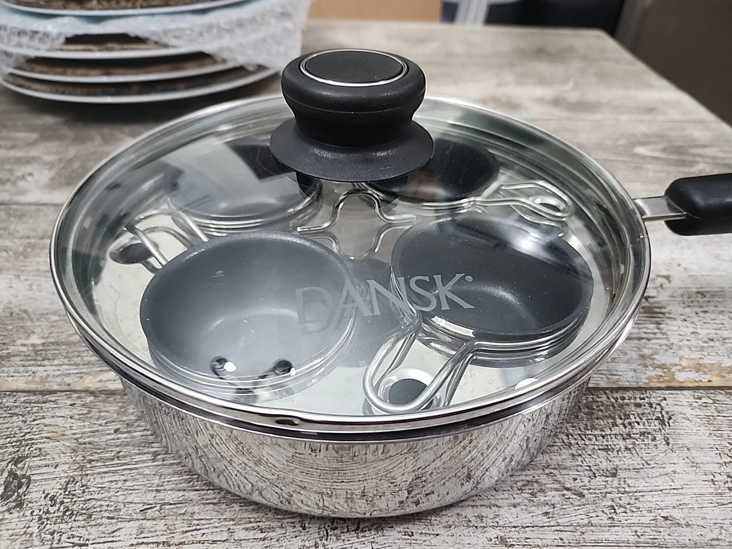 DANSK 4 Egg Poacher Poached Egg Maker, Stainless Steel Egg Poaching Pan Lid