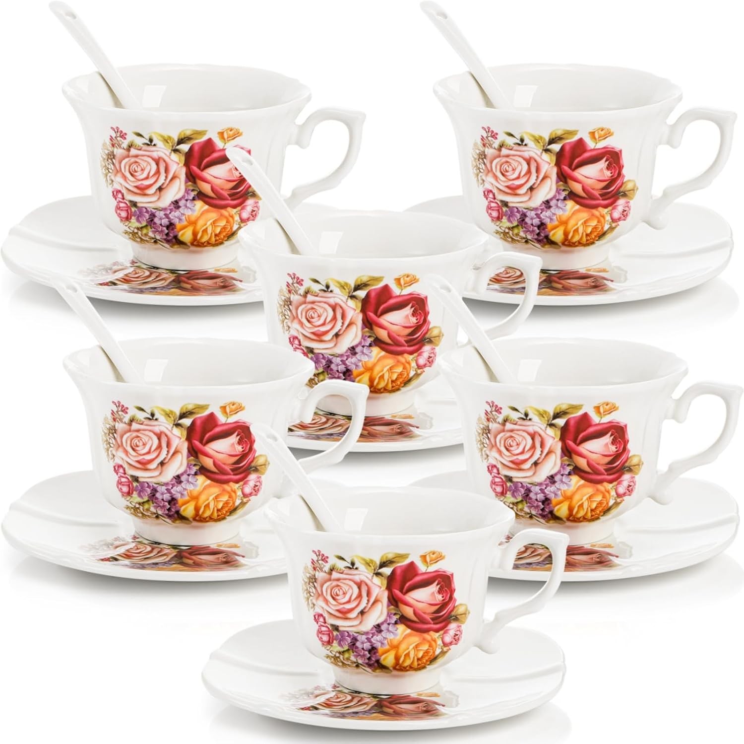 Tea Cups and Saucers Set of 6, 8 OZ Vintage Ceramic Teacups with Spoon, Floral