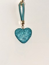 Blue Rhinestone Heart Keychain / Gold Tone Crystal Purse Charm / Gift Bling  