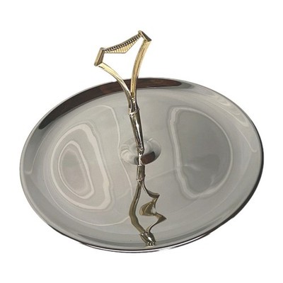Kromex Style Modern Mid Century Chrome Tray Gold Handle 12.75  Diameter Used