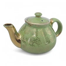 VINTAGE Hall China 2 Cup Chartreuse Green & Gold New York Teapot Circa 1920's