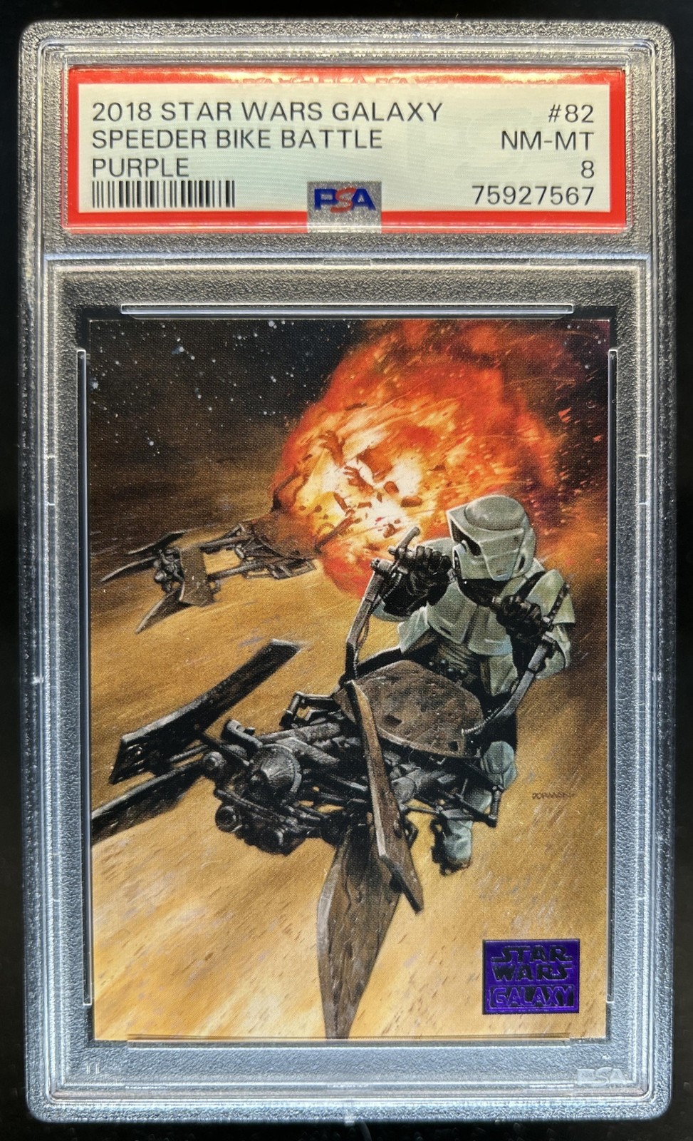 2018 Topps Star Wars Galaxy Series 8 Speeder Bike Battle Purple #/99 PSA