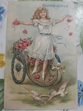 Buon Annee' Bambina In Rilievo Con Carretto E Colombe Bianche