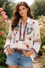 Biya Johnny Was Embroidered Linen Blouse XS Boho Floral Artisan Top NWT