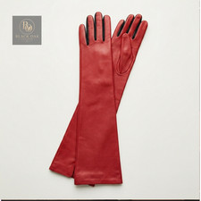 Women's Handmade Long Red Napa Lambskin Leather Opera Gloves Silk Lined