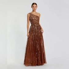 Mac Duggal Beaded One Shoulder A-Line Wedding Guest Maxi Gown Copper 14 NWOT
