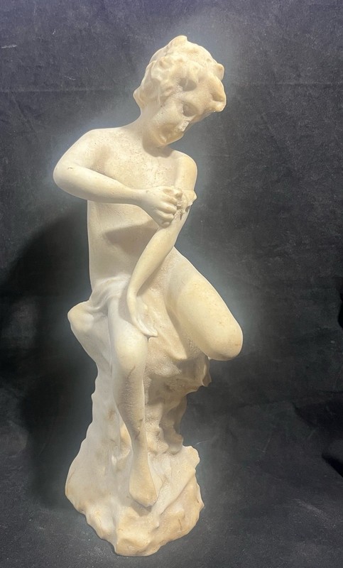Antique Hand Carved Italian Alabaster Sculpture With Boy Sitting On Rock Classic