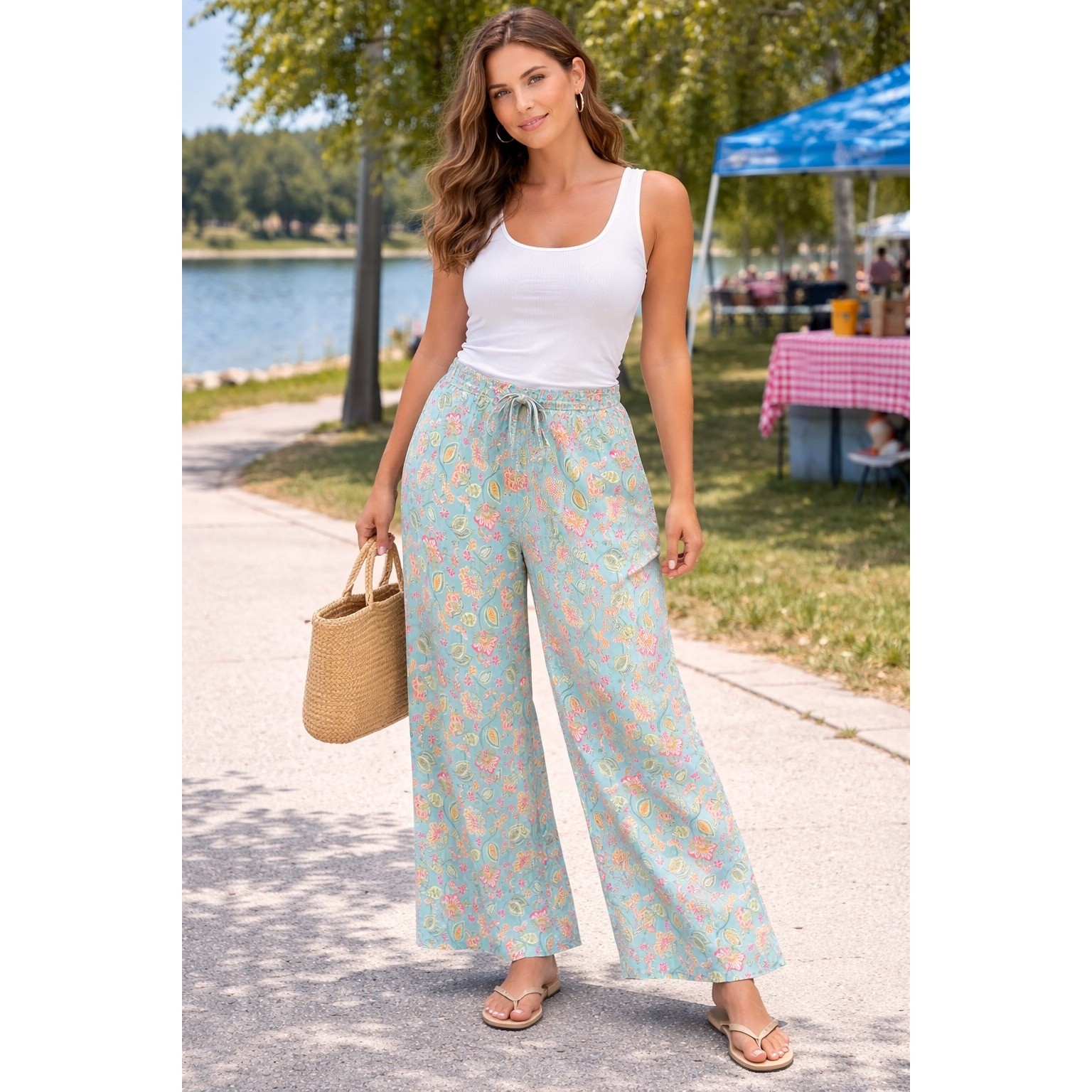 HM Womens Turquoise Floral Paisley Wide Leg Drawstring Pants Size Medium boho-image