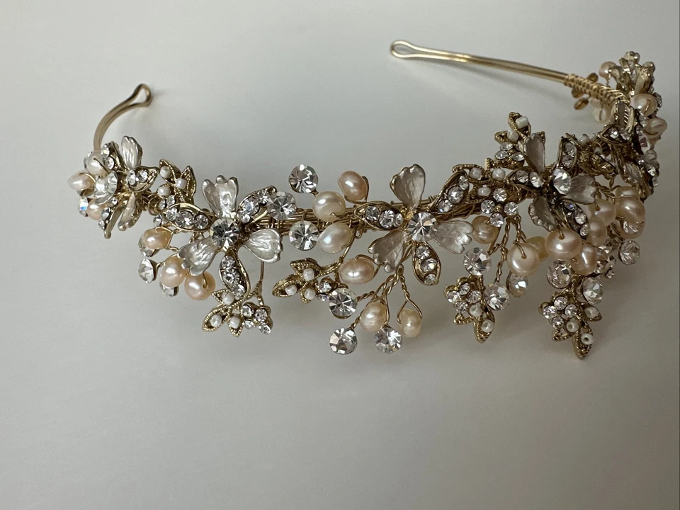 CLOSEOUT Price! Champagne Gold Freshwater Pearl Rhinestone Bridal Wedding Tiara - Image 3 of 4