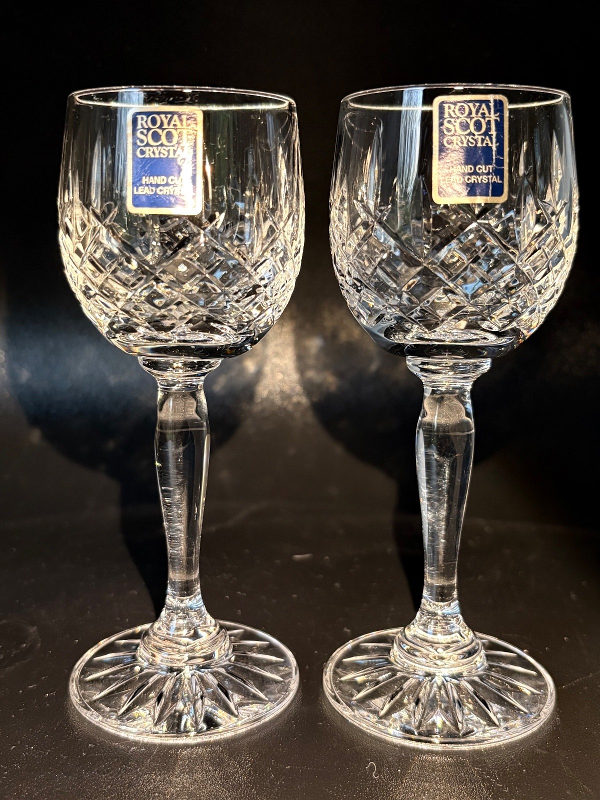 Port Sherry Wine Glasses ROYAL SCOT Cut Lead Crystal LONDON Pair / 2 Stem LABELS