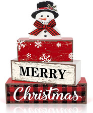 Merry Christmas Decorations Snowman Snowflakes Wooden Sign Indoor Tabletop 4 Pcs