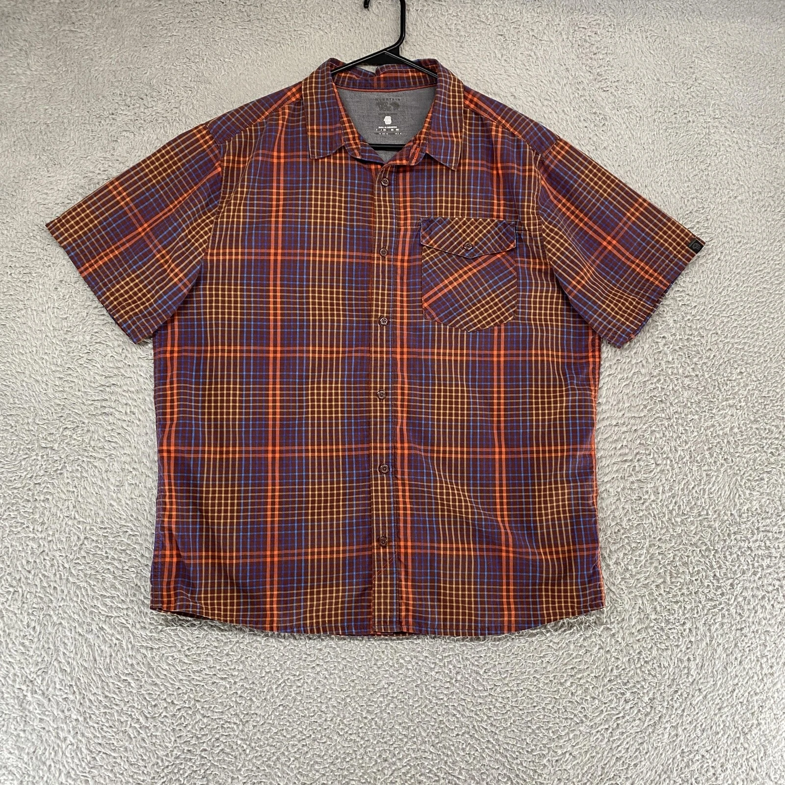 Mountain Hardwear Hiking Shirt Mens Large Orange Plaid Short Sleeve Button Up
