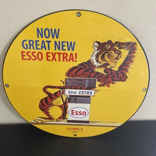 VINTAGE ESSO EXTRA TIGER GASOLINE OIL PORCELAIN SIGN