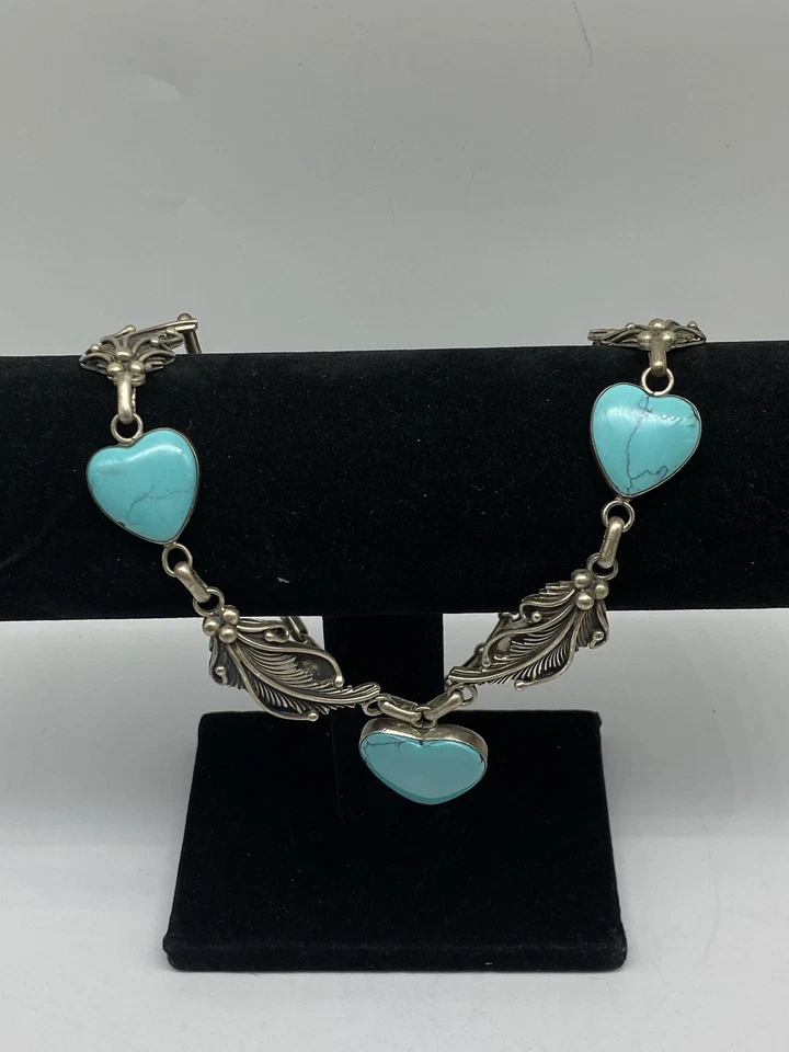 P T G Sterling silver Turquoise Heart Feather Link Necklace 70.0g - Image 2 of 4