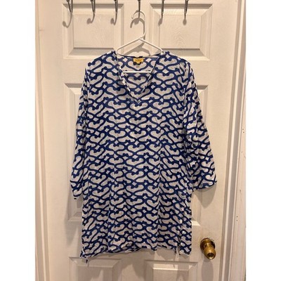 Roberta Roller Rabbit Blue White Geometric Print Big Cata Kurta Tunic Top Large
