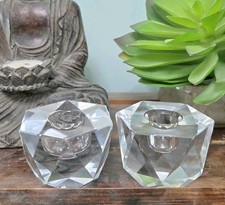 2 Vintage Crystal Candle Stick Holders - Boho Hexagon Geometric Faceted MCM