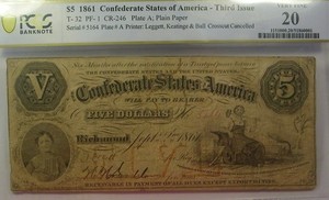 1861 T-32 $5 The Confederate States of America Note - CIVIL WAR Era PCGS VF20